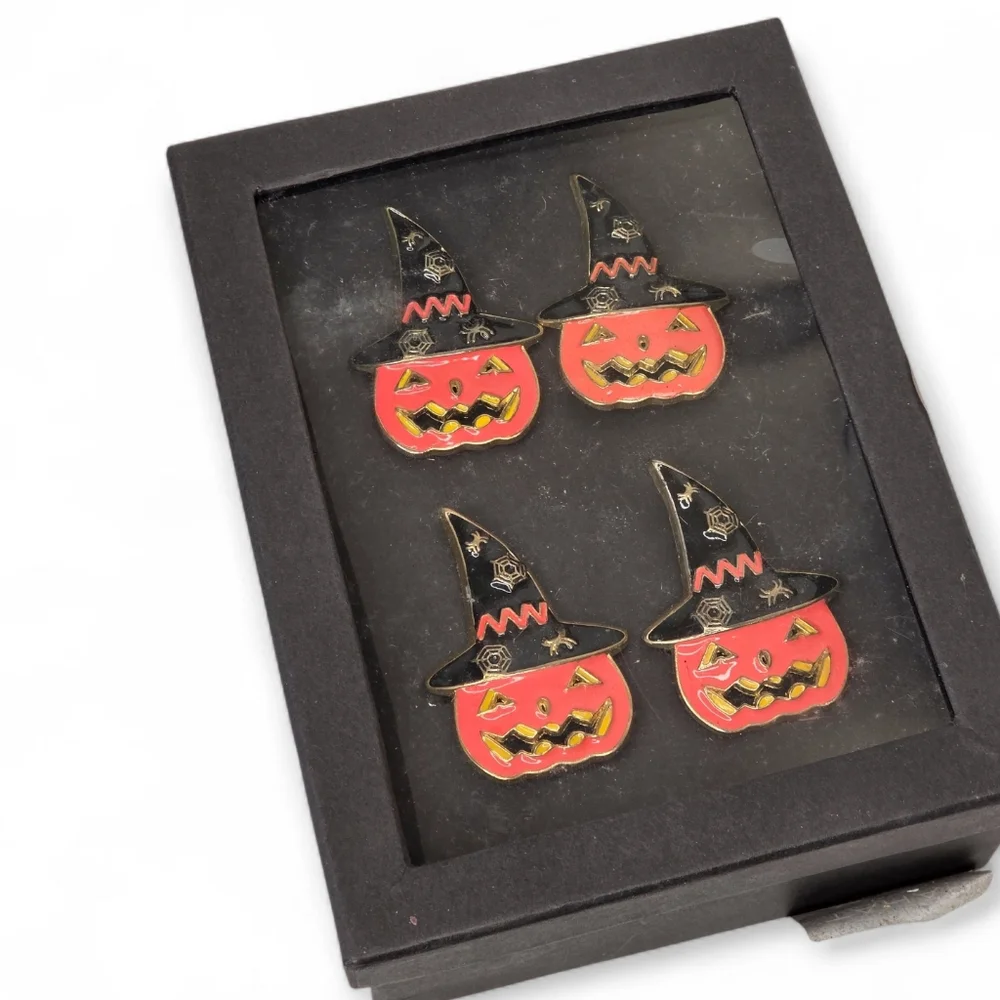 Tahari Pumpkin‎ Witch Hat Halloween Orange And Black Napkin Rings Set